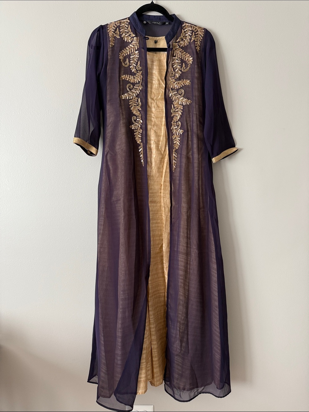 Brand New Elegant Navy and Gold Embroidered Long Dress with pants set
